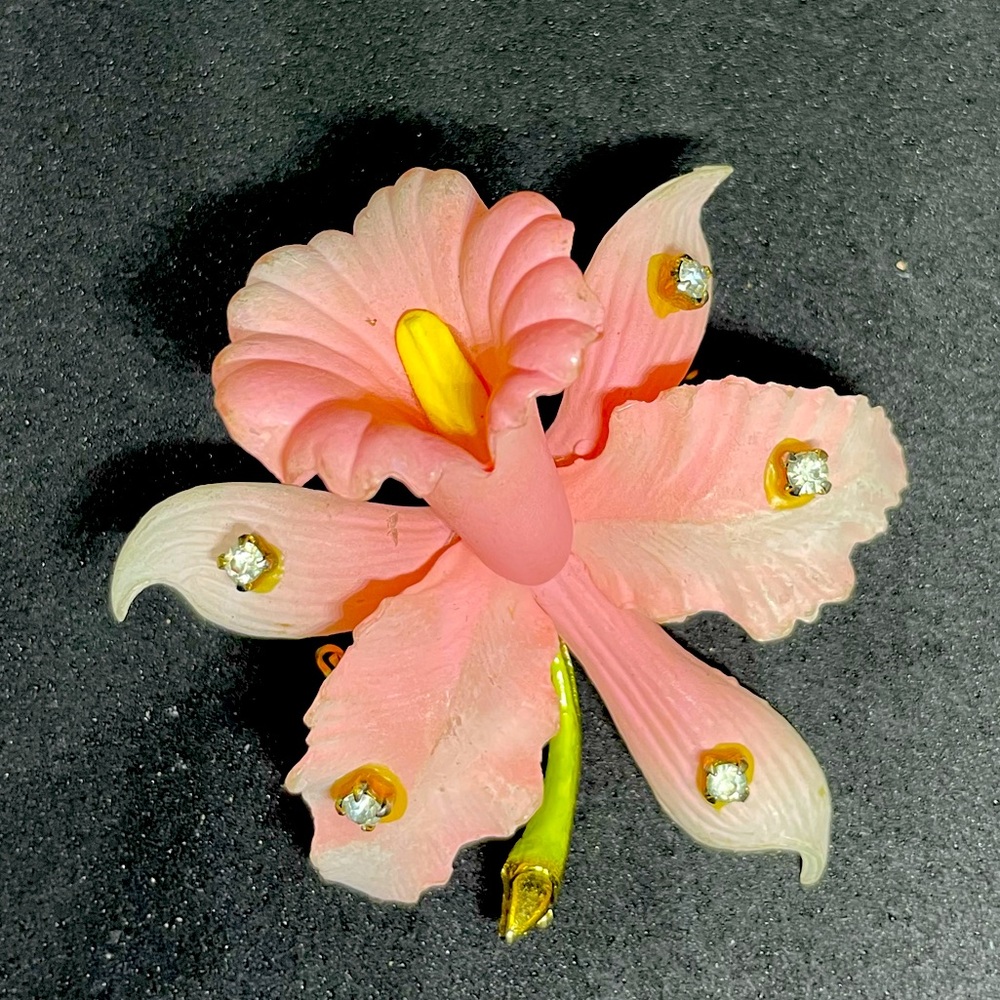 VTG WEST GERMANY SIGNED CELLULOID PINK ORCHID BROOCH